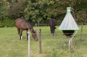 Pasture fencing protects horses and trap. 